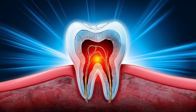 isolated healthy tooth developing a painful red glowing root infection receding gums and severe dental sensitivity graphic representation radiating intense ache from the lower dentin