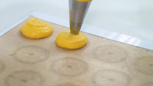 Close up shot of a pastry chef using a piping bag to squeeze vibrant yellow fruit batter or curd onto a patterned silicone mat. Perfect for culinary concepts, baking tutorials, gourmet dessert prepara