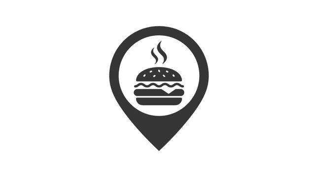 Hamburger icon inside map pin symbol representing fast food restaurant location on a white background