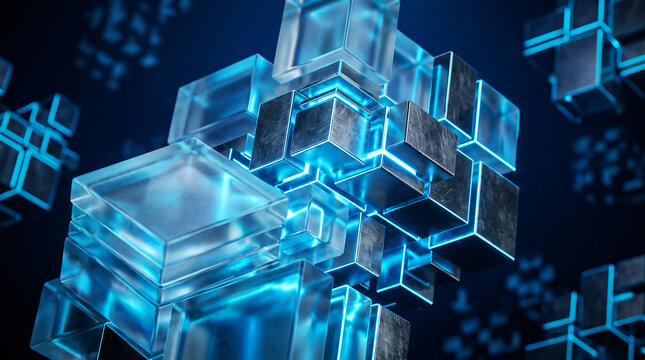 Abstract Geometric Structure with Glowing Blue Neon Edges in Dark Space