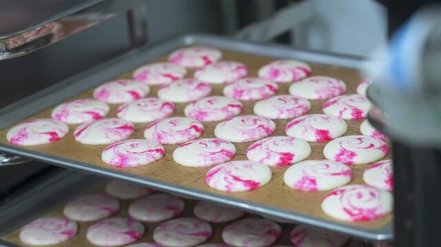 A gloved baker holds a professional baking sheet filled with rows of freshly baked macaron shells. The shells feature a vibrant pink and white marbled swirl pattern, cooling on parchment paper inside 
