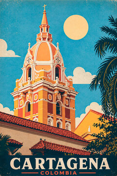 Cartagena postcard, souvenir, Cartagena Colombia stamp, stamp, advertising poster, illustration of a building in Cartagena de Indias, vector illustration of a church in the background