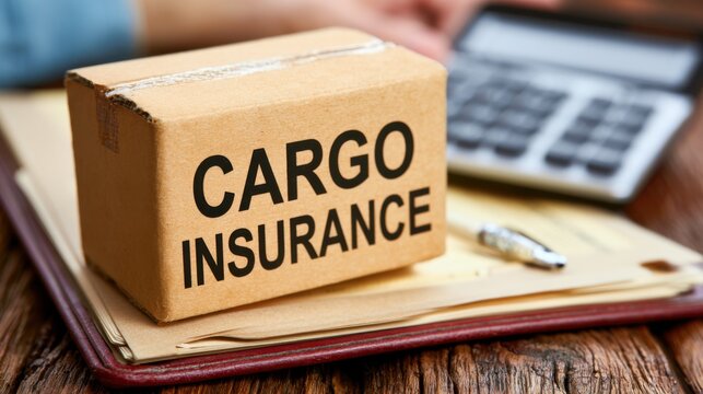 Cargo insurance box on office desk, calculator and paperwork indicating clerk processing shipment claim with focused atmosphere, emphasis on documentation, risk assessment, parcel inspection