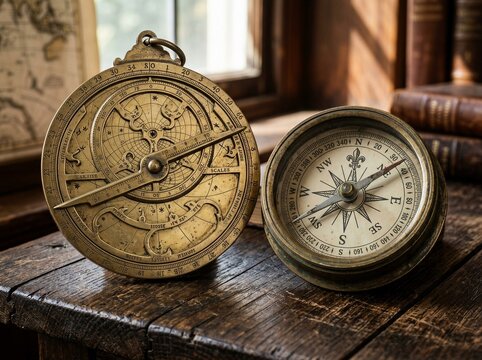 Macro shot of a vintage brass astrolabe and nautical compass on a weathered wooden ship deck.