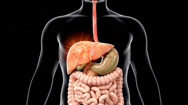 Human Digestive System Anatomy: Stomach, Liver, and Intestines Illustration