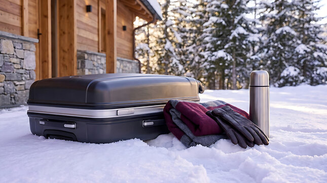Winter travel preparation with suitcase warm clothes and thermos in snowy landscape