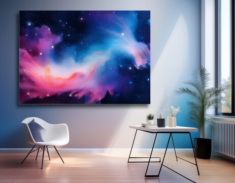 poster abstract gradient artwork with blue to pink nebula texture on wall mockup in modern home office background soft daylight blur