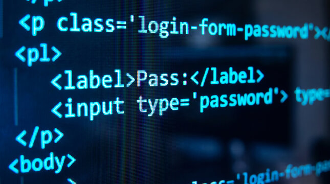 Close-up of computer screen displaying code and login form, digital technology concept