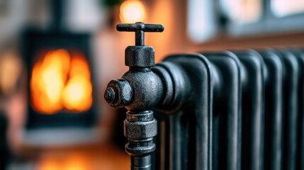 Fototapeta premium Cast iron radiator valve beside fireplace, closeup showing patina texture and glowing embers, warm amber bokeh, vintage interior atmosphere, heating detail evoking hygge comfort and winter coziness
