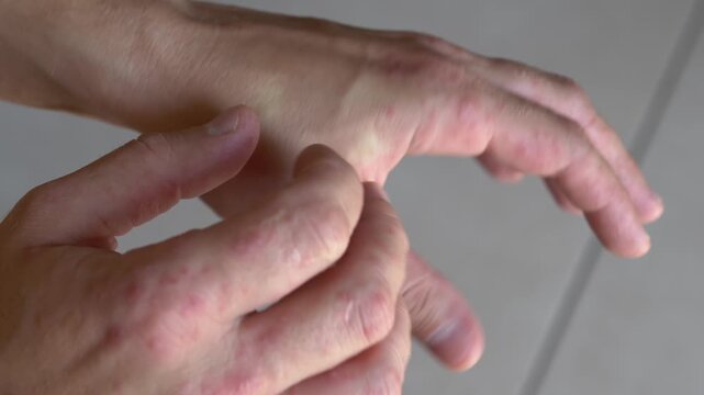 Person scratching irritated hand with visible skin redness. Itching, sensitive skin and allergic reaction concept for dermatology, eczema, dermatitis and skin care content.