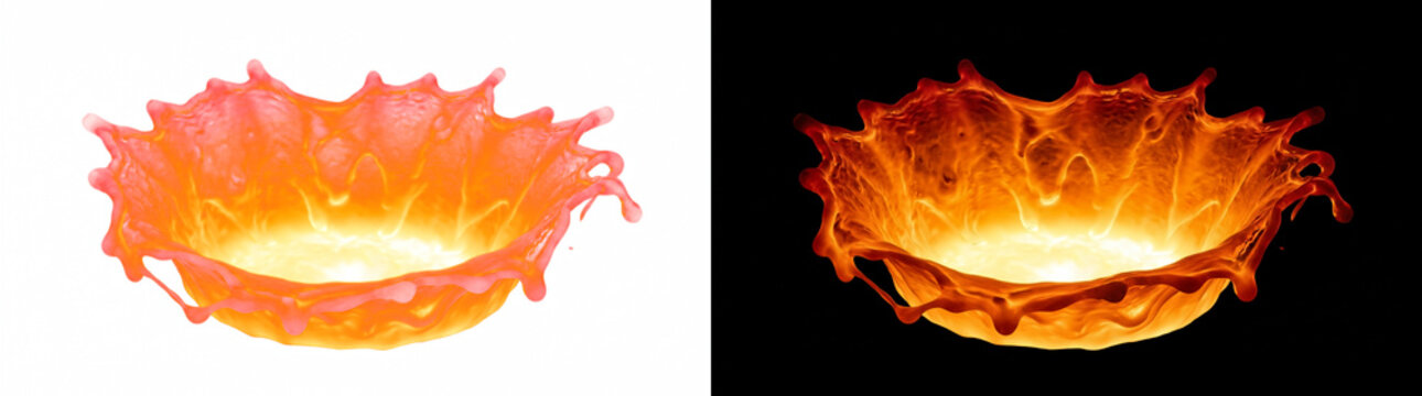 Molten magma impact crater crown with serrated glowing rim, incandescent fire overlay isolated on transparent background