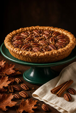 Delicious pecan pie on a green cake stand with autumn leaves and cinnamon sticks