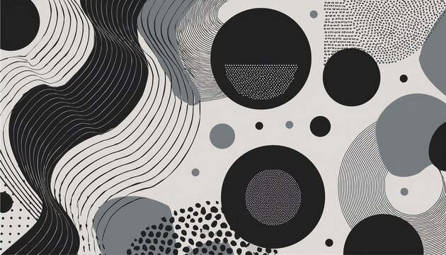 shapes abstract geometric pattern with black and gray circles halftone dots wavy lines and minimal memphis style background