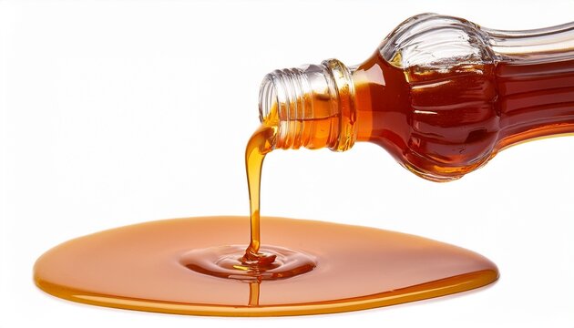 Isolated Glass Bottle Pouring Viscous Golden Amber Syrup Into A Sweet Sticky Puddle