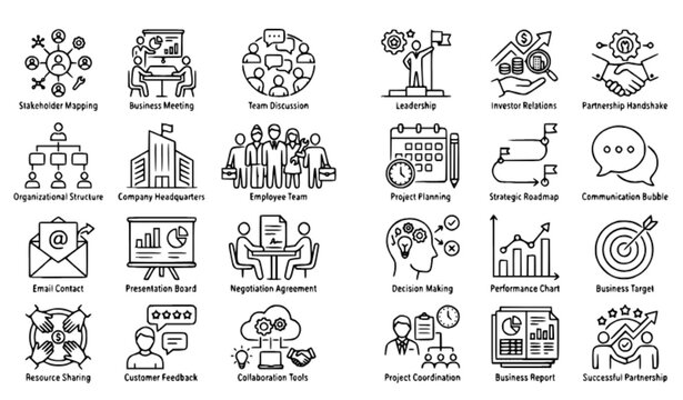 Stakeholder Business Process Linear Icon Collection for Management Strategy Partnership and Team Communication