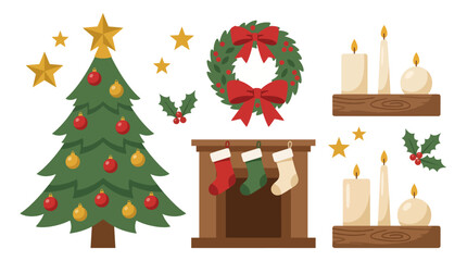 Fototapeta premium This delightful set of Christmas-themed graphics includes a festive tree, wreath, stockings, and candles, perfect for celebrating holiday joy and warmth.