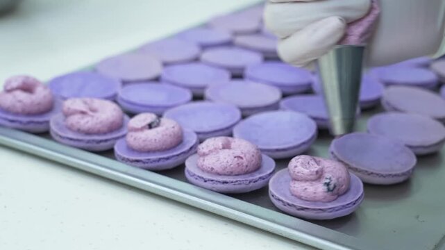 close-up shot of a pastry chef wearing white gloves, using a piping bag with a metal tip to carefully squeeze light pink berry buttercream filling onto rows of freshly baked purple macaron shells arra