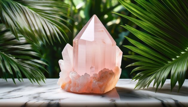 Serene Rose Quartz Crystal On Marble Surface With Tropical Foliage Backdrop