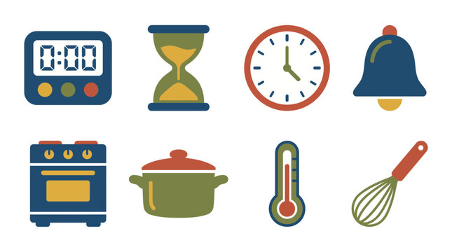 A collection of colorful cooking and baking tools, including timers and utensils, showcasing essential elements for culinary preparation, highlighting an organized kitchen environment.