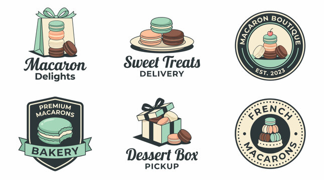 Six delightful logos focused on macarons, perfect for bakeries or dessert shops, showcasing sweet treats with elegant designs and vibrant colors.