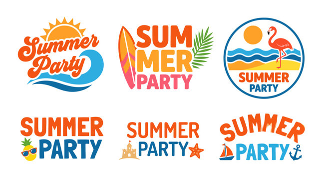 An exciting array of summer party logos incorporating bright colors and playful themes, perfect for event planners looking to attract clients for festive occasions.