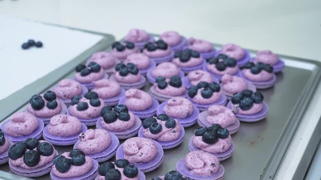 Close-up view of a professional pastry chef wearing white gloves arranging fresh, juicy blueberries onto freshly piped purple cream filling on lavender-colored macaron shells arranged in rows on a bak