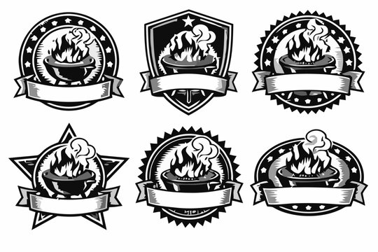 A collection of vintage-style BBQ badges featuring various grill motifs, perfect for promotional materials or branding focused on grilling and barbecue culture.