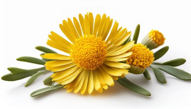 Close Up Of Curry Plant Helichrysum Italicum In Bloom Yellow Blossom And Leaves Of An Italian Strawflower Herb Plant Isolated On White Background