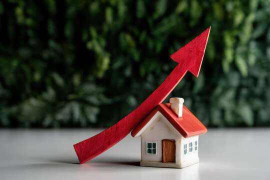 Rising cost of living and housing costs as mortgage repayments climb, a red arrow soaring above a family home to warn of higher prices