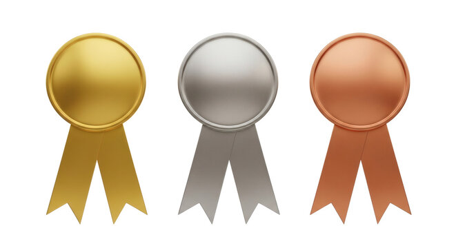 Three distinct three dimensional metallic award ribbons representing first second and third place achievements in gold silver and bronze&nbsp;&nbsp;
