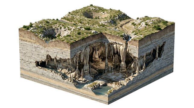 Cross Section of a Limestone Karst Cave System Isolated on a Plain White Background