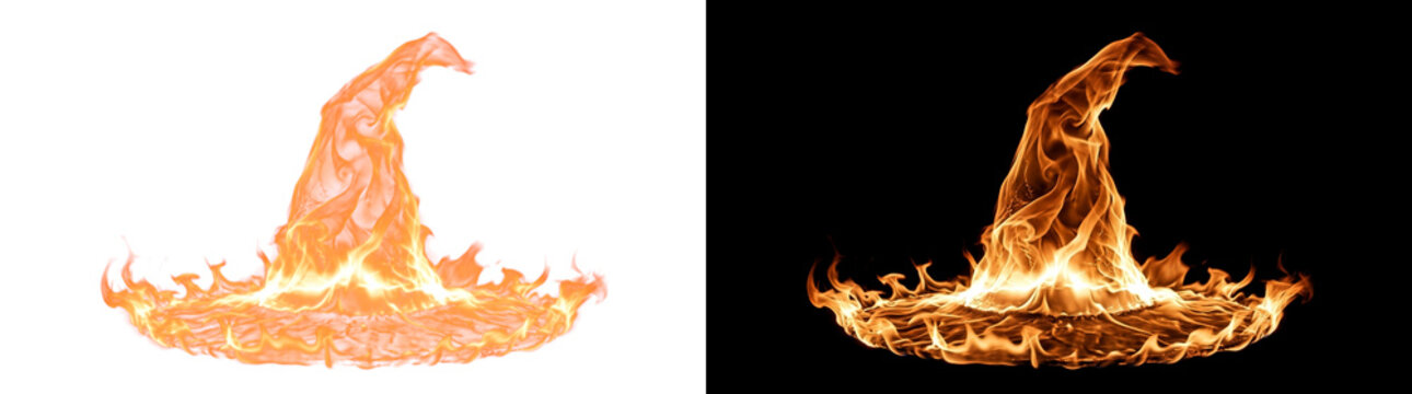 Pointed wizard hat silhouette made of burning flames and glowing embers, fire overlay isolated on transparent background