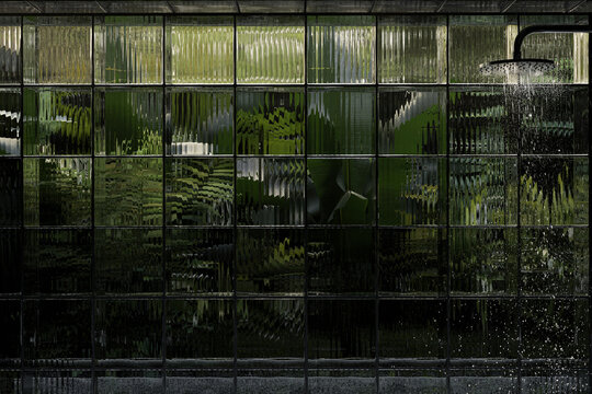 3d Rendering of a modern shower room with glass cubes wall and rainforest plants