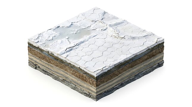 Isolated Isometric Soil Profile Featuring Layered Earth Strata with Surface Snow Cover
