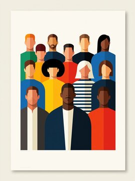 Diverse people illustration on a minimalist poster with faceless figures in warm tones, representing inclusion and community messaging.