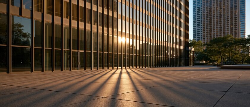 Glass office building reflects sunset light across an empty plaza with long shadows beside city towers.
