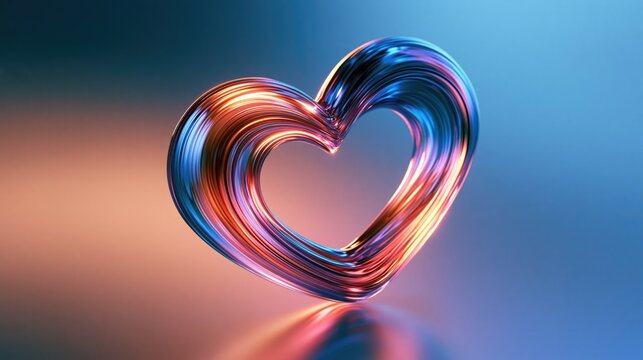 Chrome heart sculpture reflecting blue and pink studio lighting against a soft gradient background for Valentine's Day and romantic design concepts.