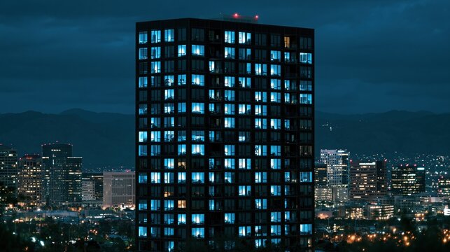 Apartment building at night with blue lit windows above a city skyline and distant mountains.