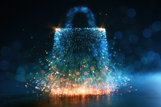 Shopping bag made of glowing fiber optic light particles on a dark background with blue and orange spark effects for Cyber Monday retail concepts.