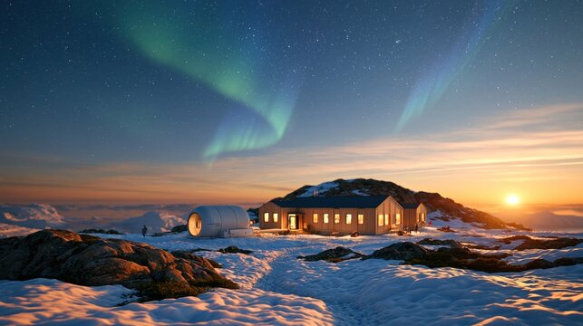 Arctic outpost with modular cabin, cylindrical unit, snow, rocks, aurora, stars, sunset, mountains, remote winter setting, near a lit building and snowy ground, under clear sky research