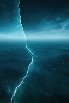 Ice crack water sky winter blue cold abstract scene texture horizon frozen dark stark fragile isolated climate welfare shelter crisis relief support aid resilience loss