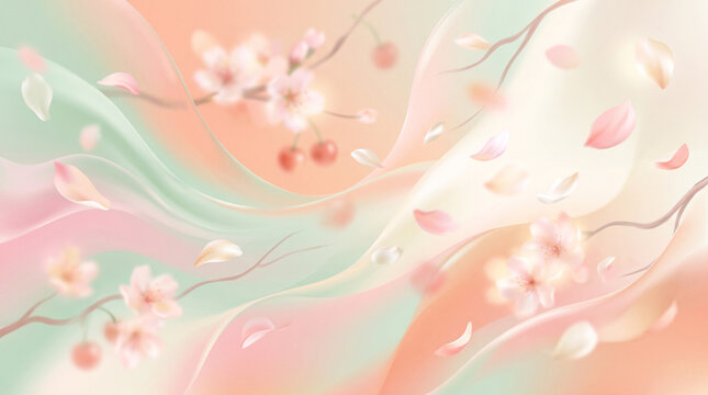 abstract spring blooming flowers and falling petals on soft pastel gradient background