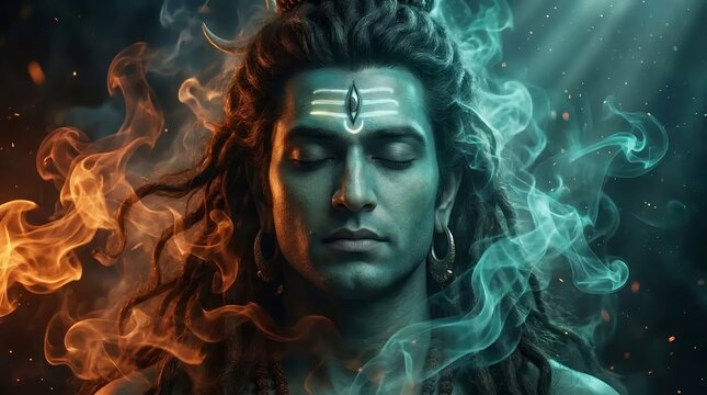 Close Up Portrait of Meditating Lord Shiva with Sacred Tripundra Tilak Surrounded by Fire and Cosmic Smoke