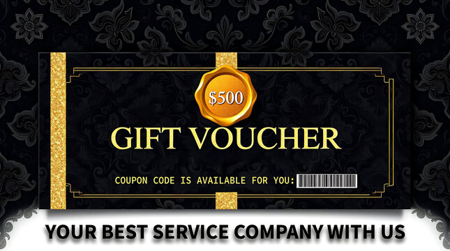 Elegant black and gold gift voucher with $500 value and decorative pattern