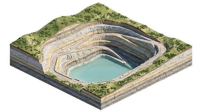 Isometric cross section of a deep open pit mine with water reservoir isolated on white
