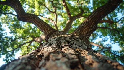 Fototapeta premium A majestic old tree photographed from a low angle, close-up view of the trunk, branches and dense green leaves, detailed natural textures, soft sunlight filtering through the foliage, peaceful natural