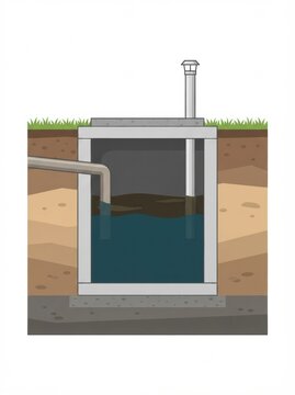 A septic tank in a residential area with a cross section view of the wastewater storage and drainage system.