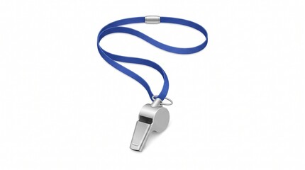 Fototapeta premium Silver metallic referee whistle attached to a blue neck lanyard isolated on a white background for sports officiating and safety signal purposes