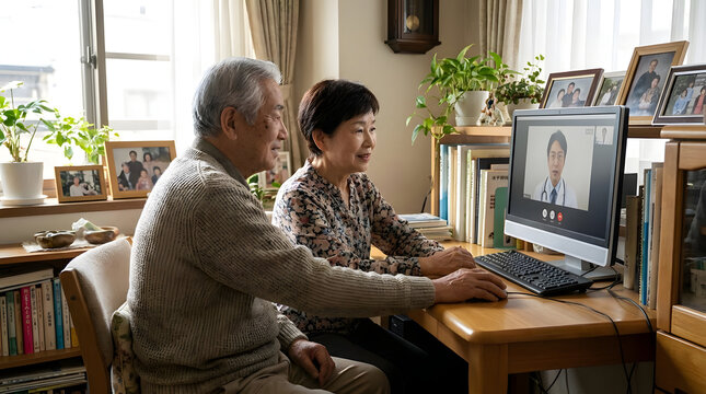 Elderly couple consulting doctor via laptop during telehealth call.