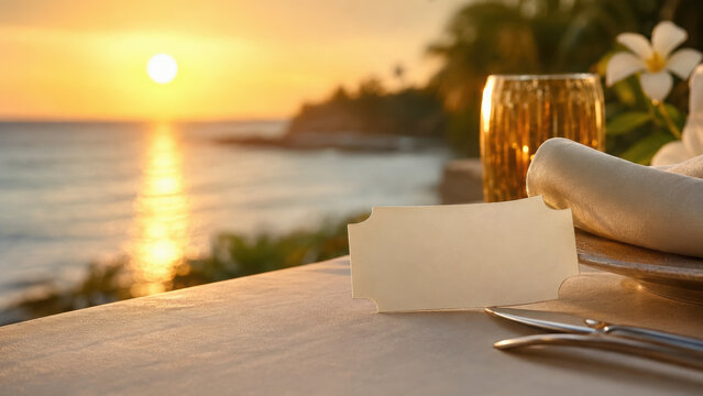 Luxury resort ticket on elegant table with sunset ocean view, romantic atmosphere and tropical flowers create serene vacation mood